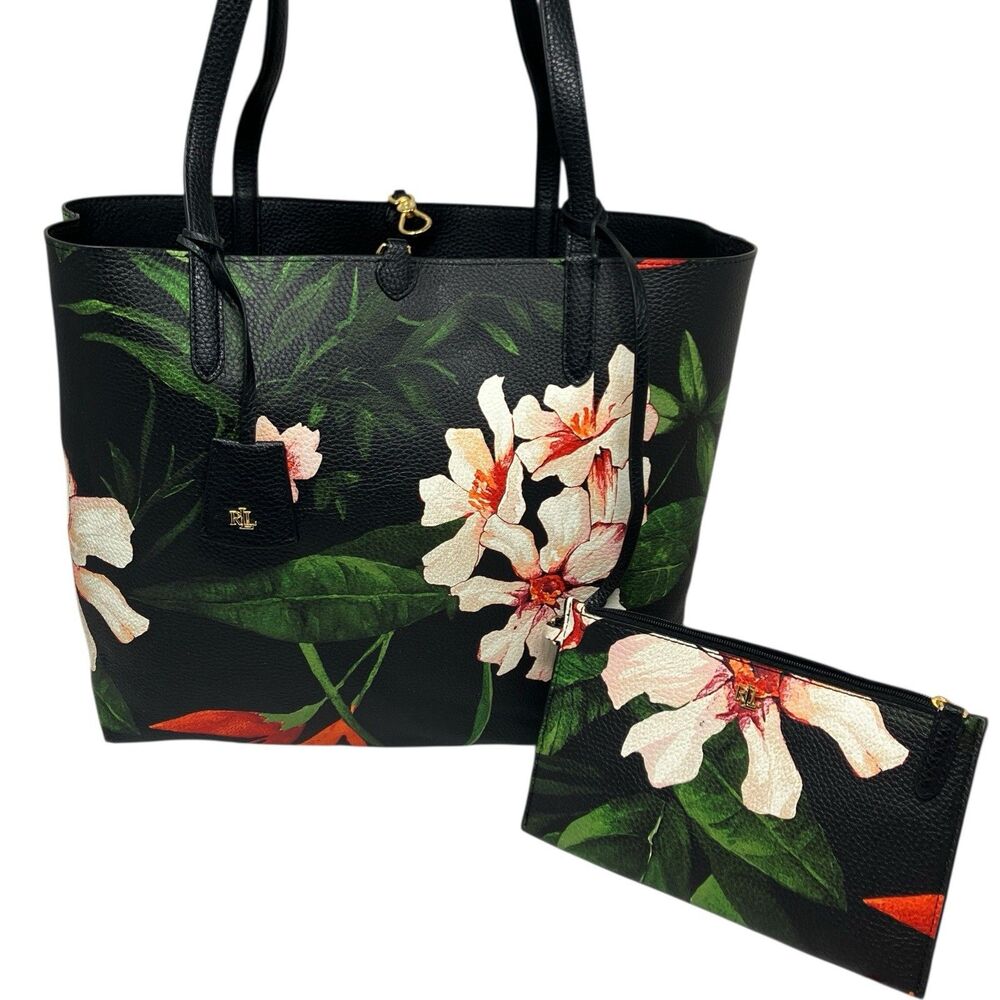 Lauren‎ Ralph Lauren Reversible Womens Black Floral Faux Leather Tropical Tote